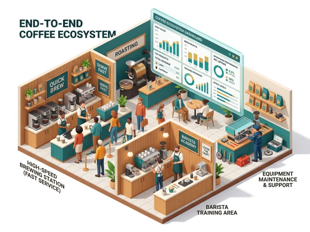 Diagram of an end-to-end coffee ecosystem: high-speed brewing station, roasting, barista training area and equipment maintenance