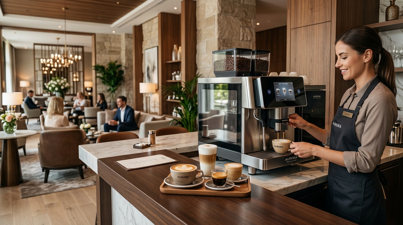 Barista serving espresso from a fully automatic machine in a luxury hotel lobby lounge