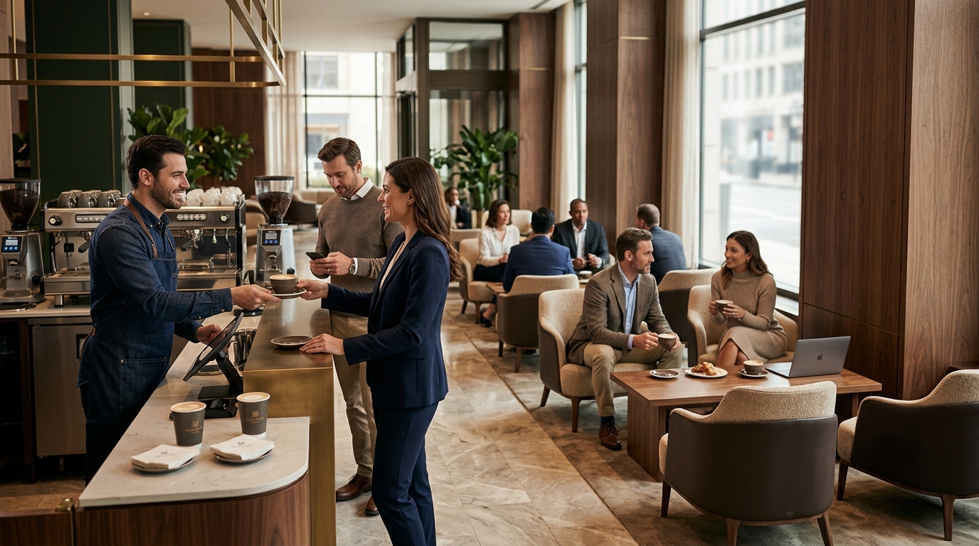 Hotel lobby lounge and café seating area